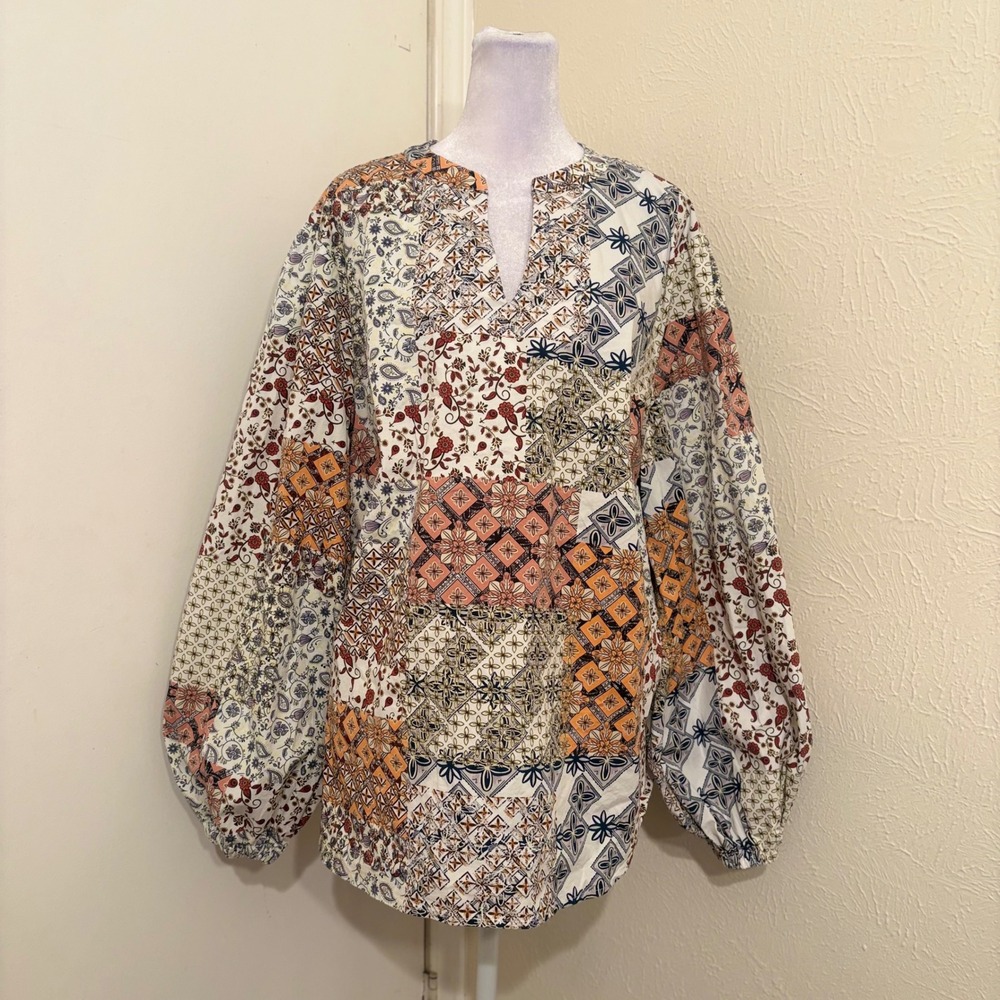 Belle Boho Kim Gravel Patchwork Print Balloon Sleeve Cotton Tunic Blouse 1X